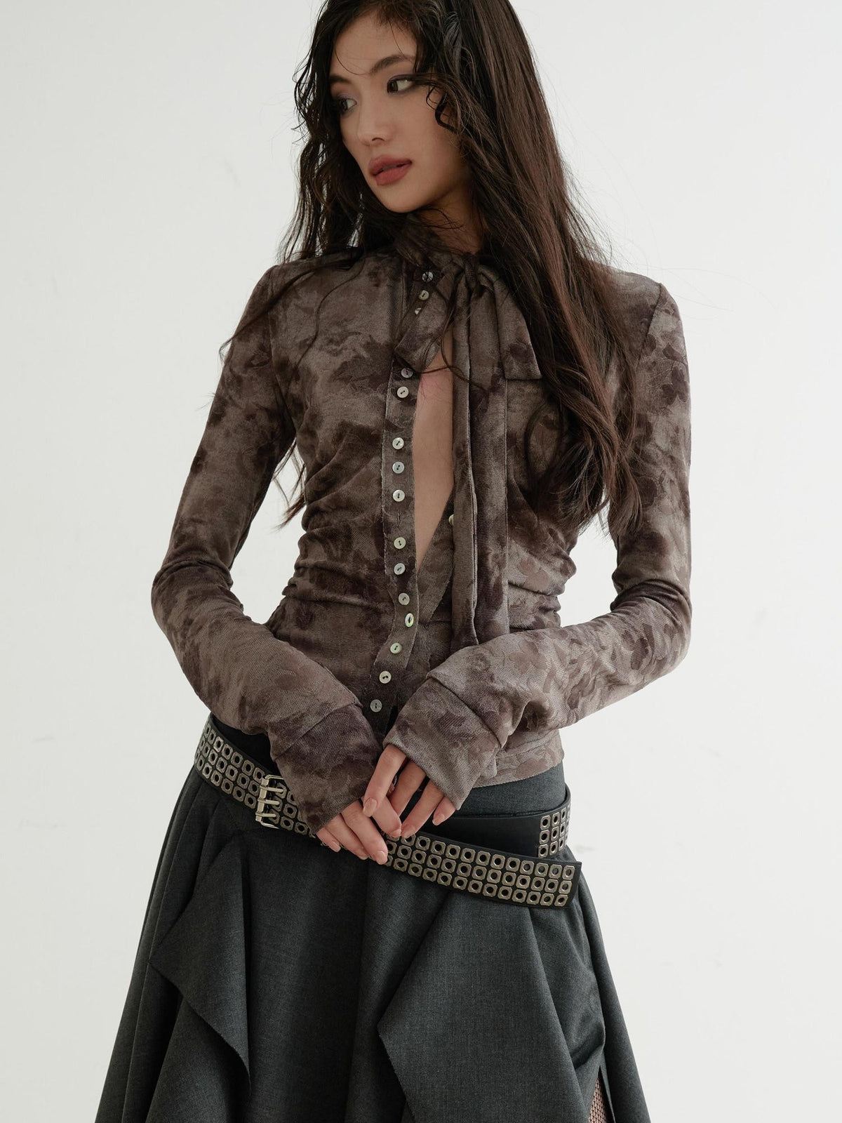 Jnylon studios Flocked Print Distressed Dark Lace Up Women's Polyester Long Sleeve T-shirts