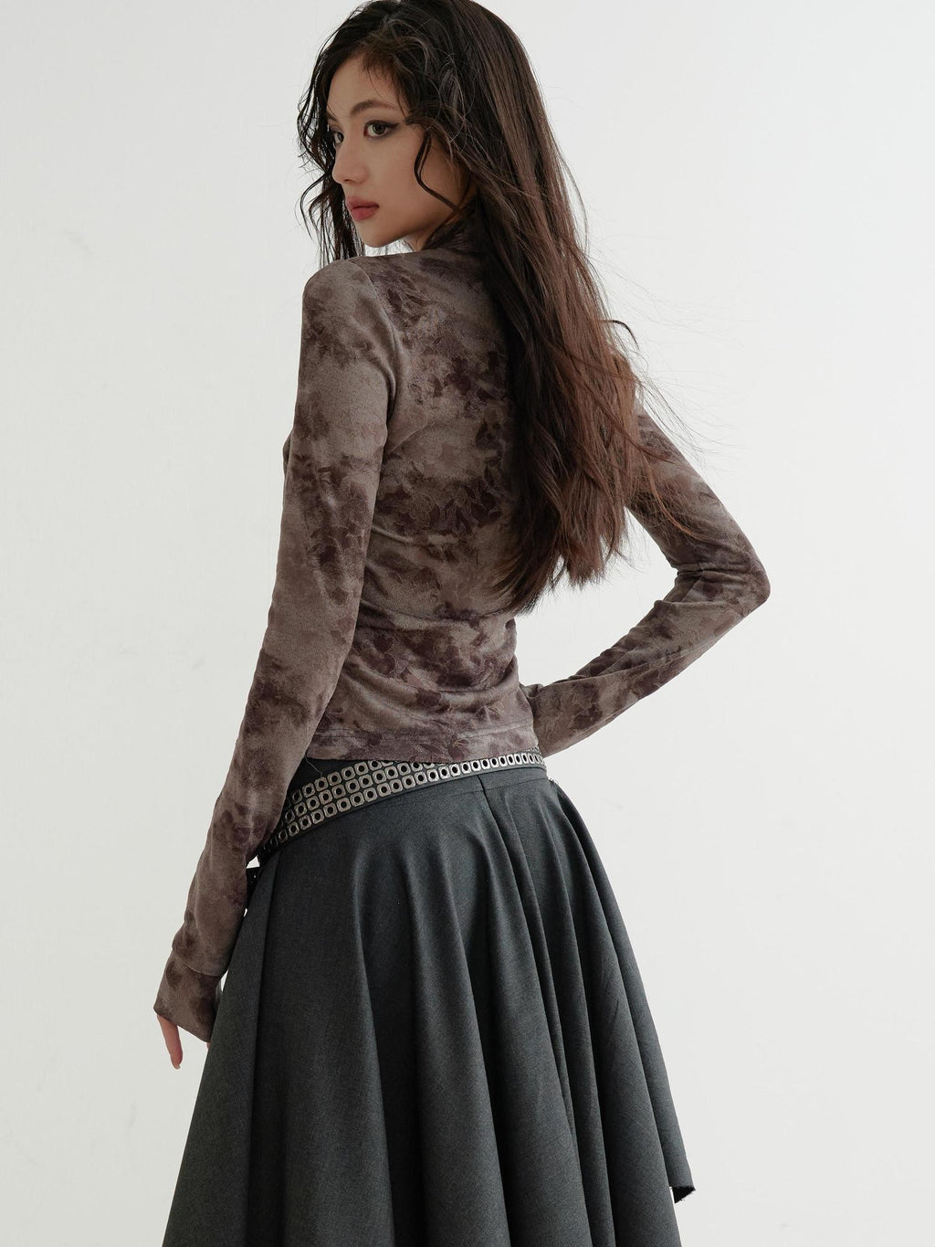 Jnylon studios Flocked Print Distressed Dark Lace Up Women's Polyester Long Sleeve T-shirts