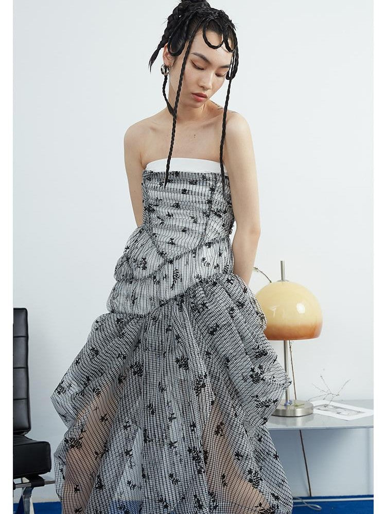 Jnylon studios Floral Print Organza Draped Ruched Asymmetric Women's Strapless Maxi Dresses