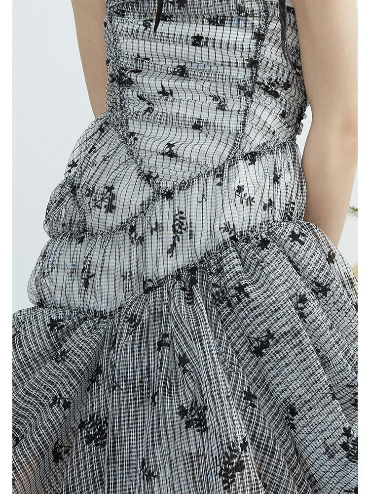 Jnylon studios Floral Print Organza Draped Ruched Asymmetric Women's Strapless Maxi Dresses