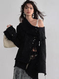 Jnylon studios Fringe Distressed Diagonal Placket Metal Buttons Women's Polyester Tweed Jackets