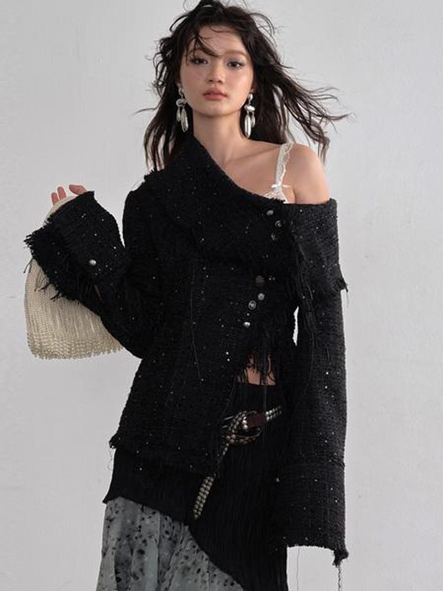 Jnylon studios Fringe Distressed Diagonal Placket Metal Buttons Women's Polyester Tweed Jackets