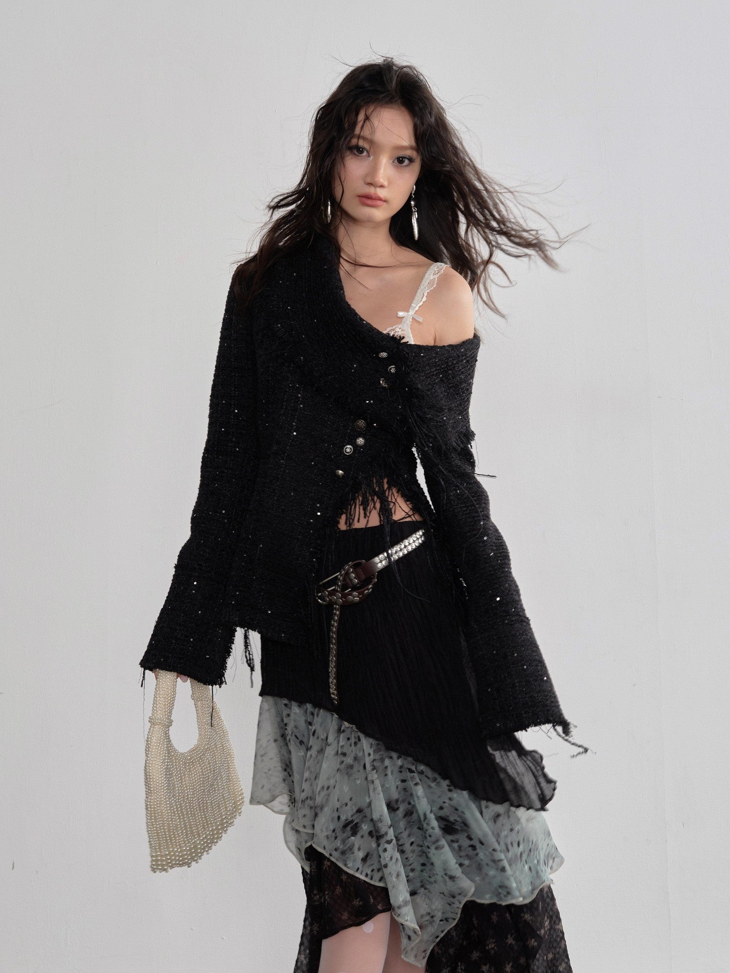 Jnylon studios Fringe Distressed Diagonal Placket Metal Buttons Women's Polyester Tweed Jackets