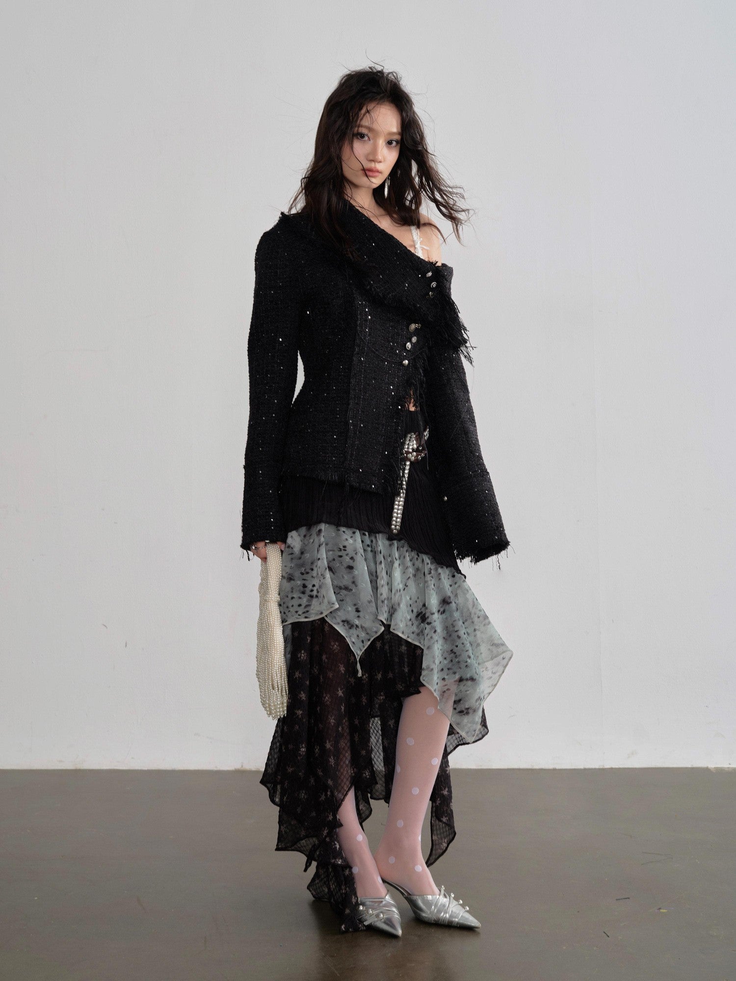 Jnylon studios Fringe Distressed Diagonal Placket Metal Buttons Women's Polyester Tweed Jackets