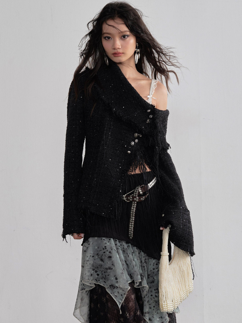 Jnylon studios Fringe Distressed Diagonal Placket Metal Buttons Women's Polyester Tweed Jackets