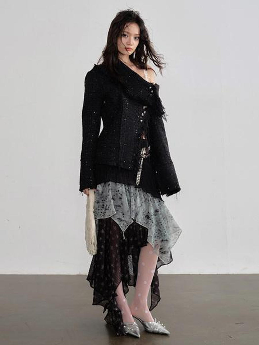 Jnylon studios Fringe Distressed Diagonal Placket Metal Buttons Women's Polyester Tweed Jackets