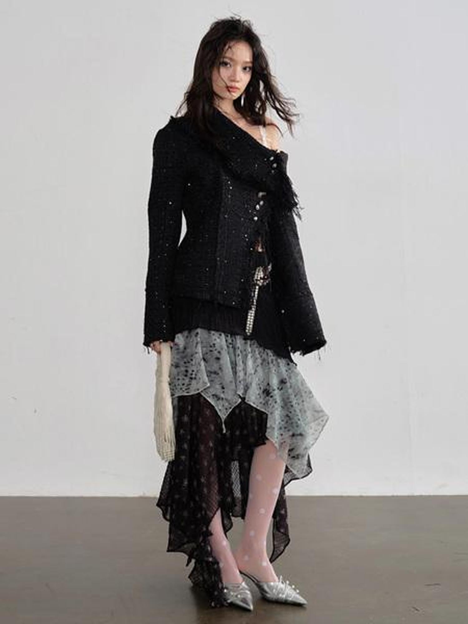 Jnylon studios Fringe Distressed Diagonal Placket Metal Buttons Women's Polyester Tweed Jackets