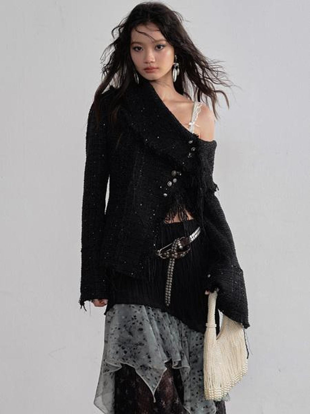 Jnylon studios Fringe Distressed Diagonal Placket Metal Buttons Women's Polyester Tweed Jackets
