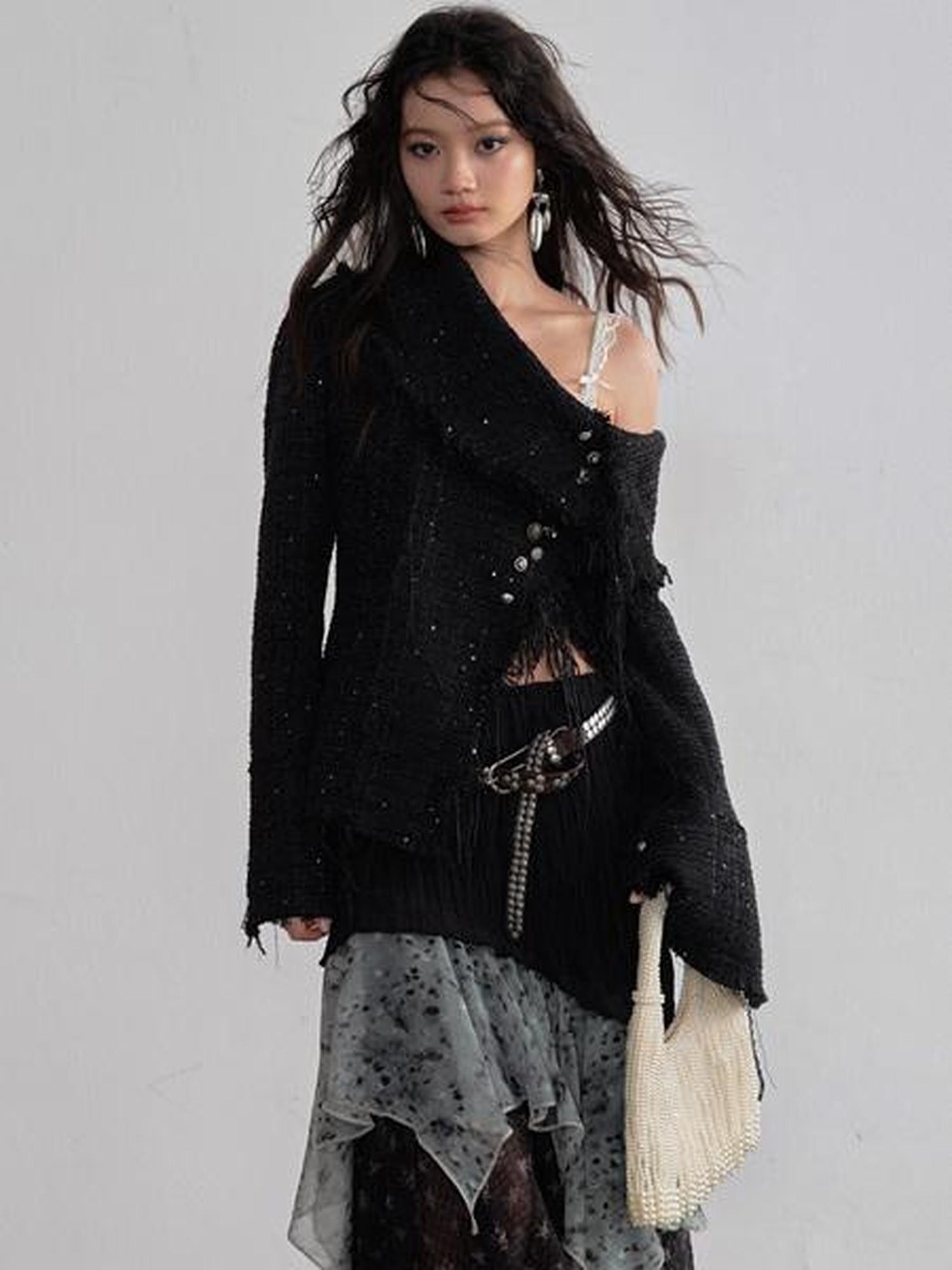 Jnylon studios Fringe Distressed Diagonal Placket Metal Buttons Women's Polyester Tweed Jackets