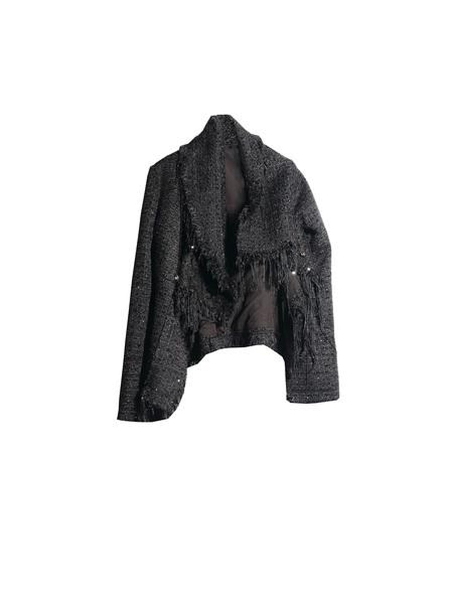 Jnylon studios Fringe Distressed Diagonal Placket Metal Buttons Women's Polyester Tweed Jackets
