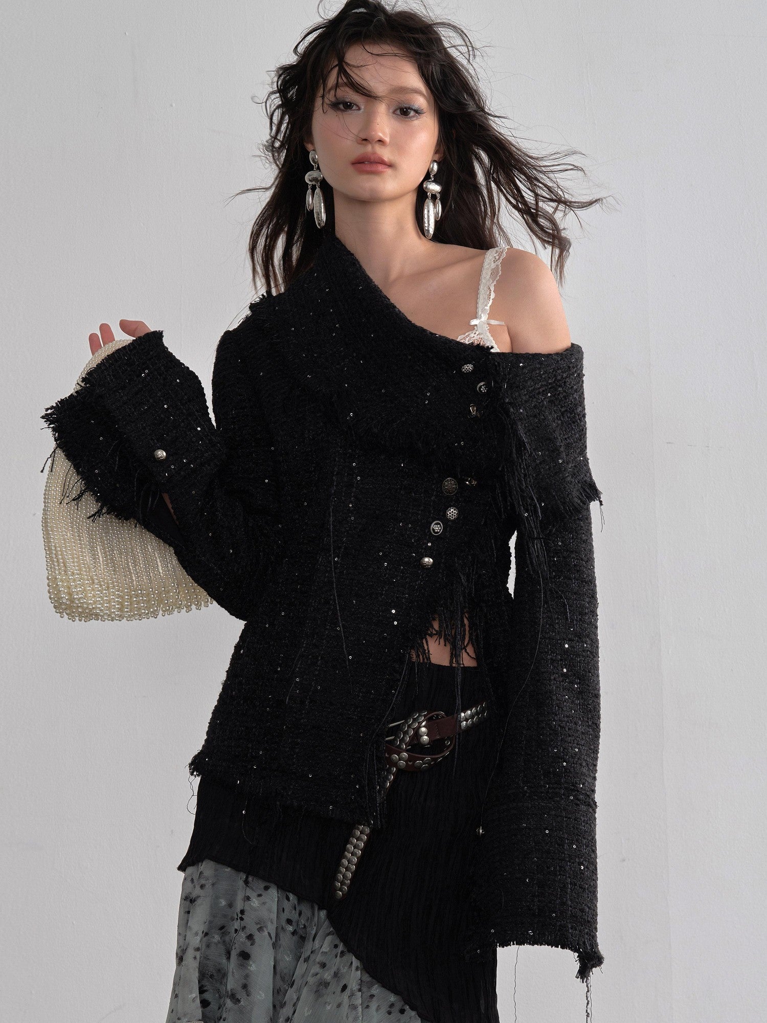 Jnylon studios Fringe Distressed Diagonal Placket Metal Buttons Women's Polyester Tweed Jackets