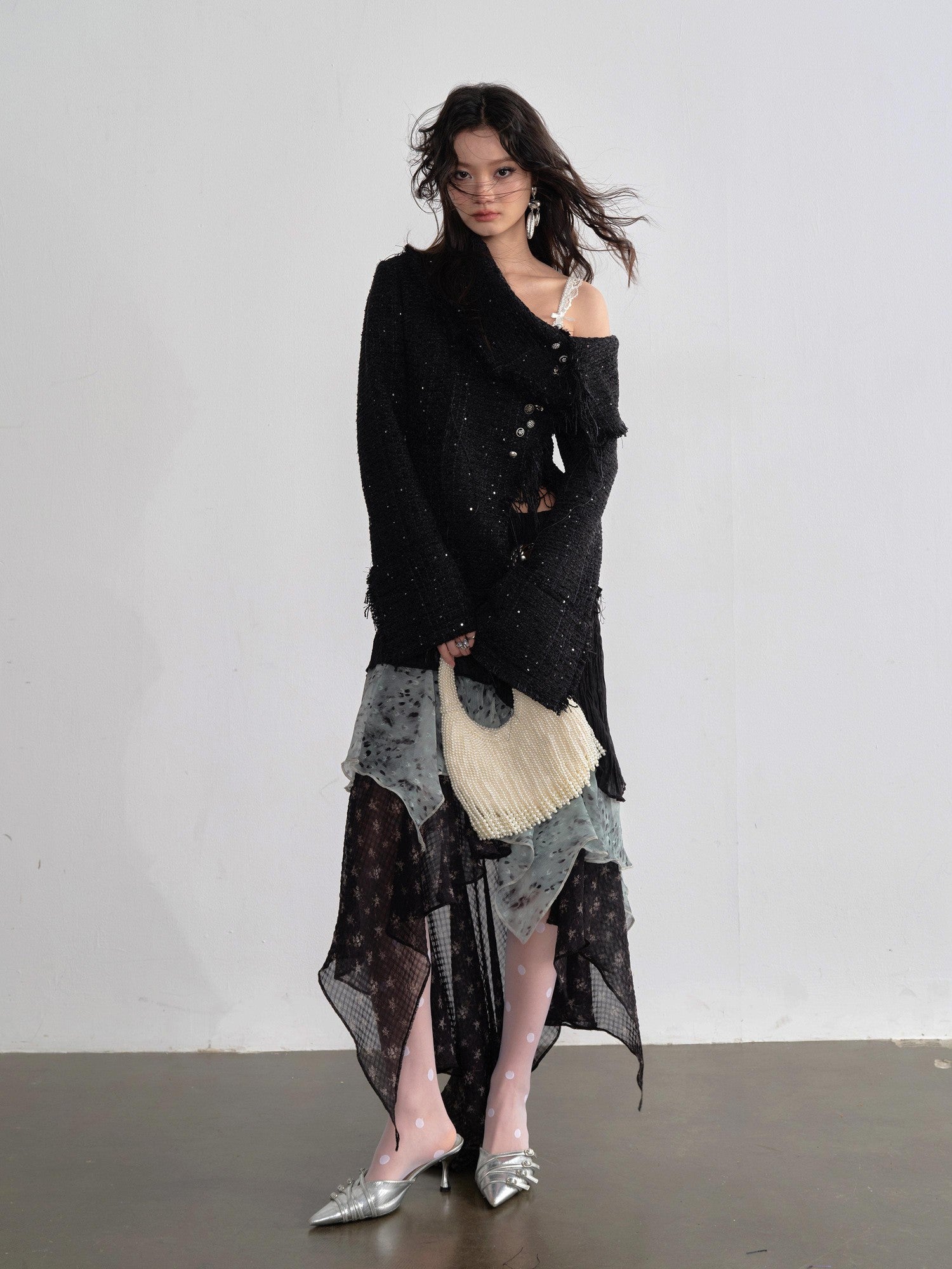 Jnylon studios Fringe Distressed Diagonal Placket Metal Buttons Women's Polyester Tweed Jackets