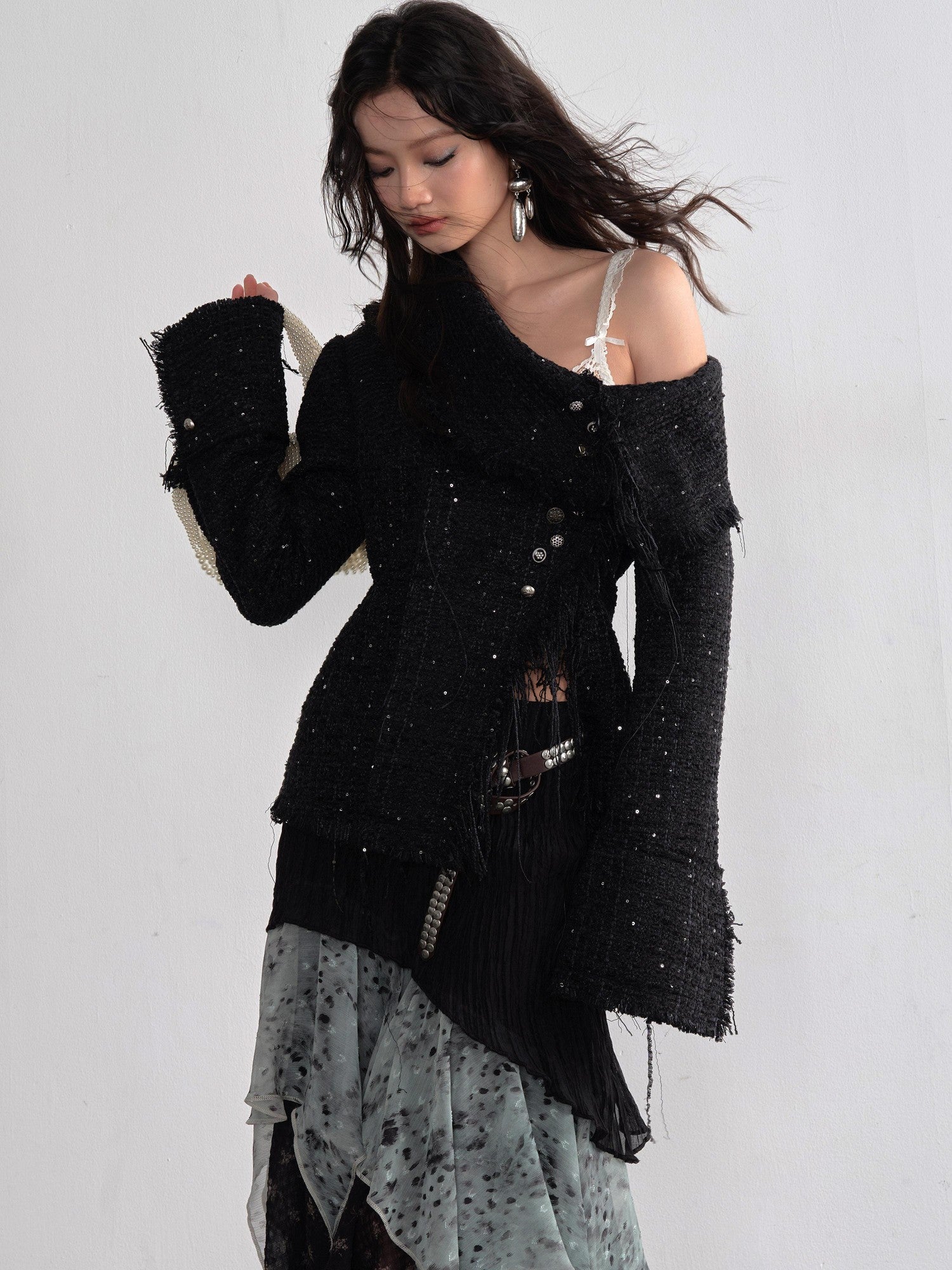 Jnylon studios Fringe Distressed Diagonal Placket Metal Buttons Women's Polyester Tweed Jackets
