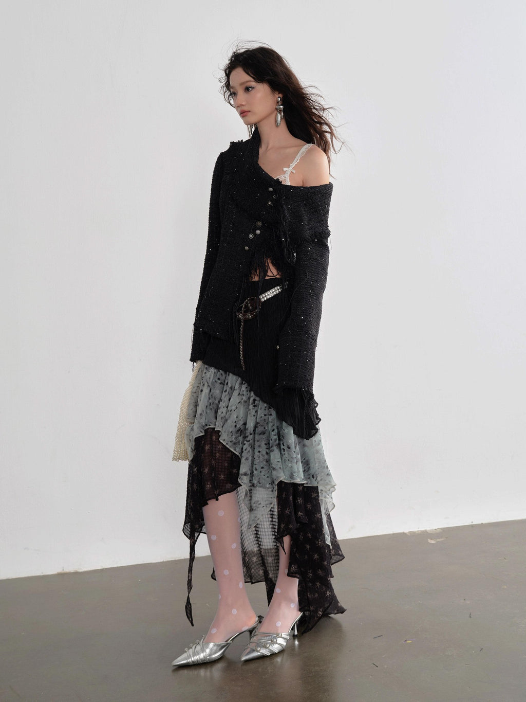 Jnylon studios Fringe Distressed Diagonal Placket Metal Buttons Women's Polyester Tweed Jackets
