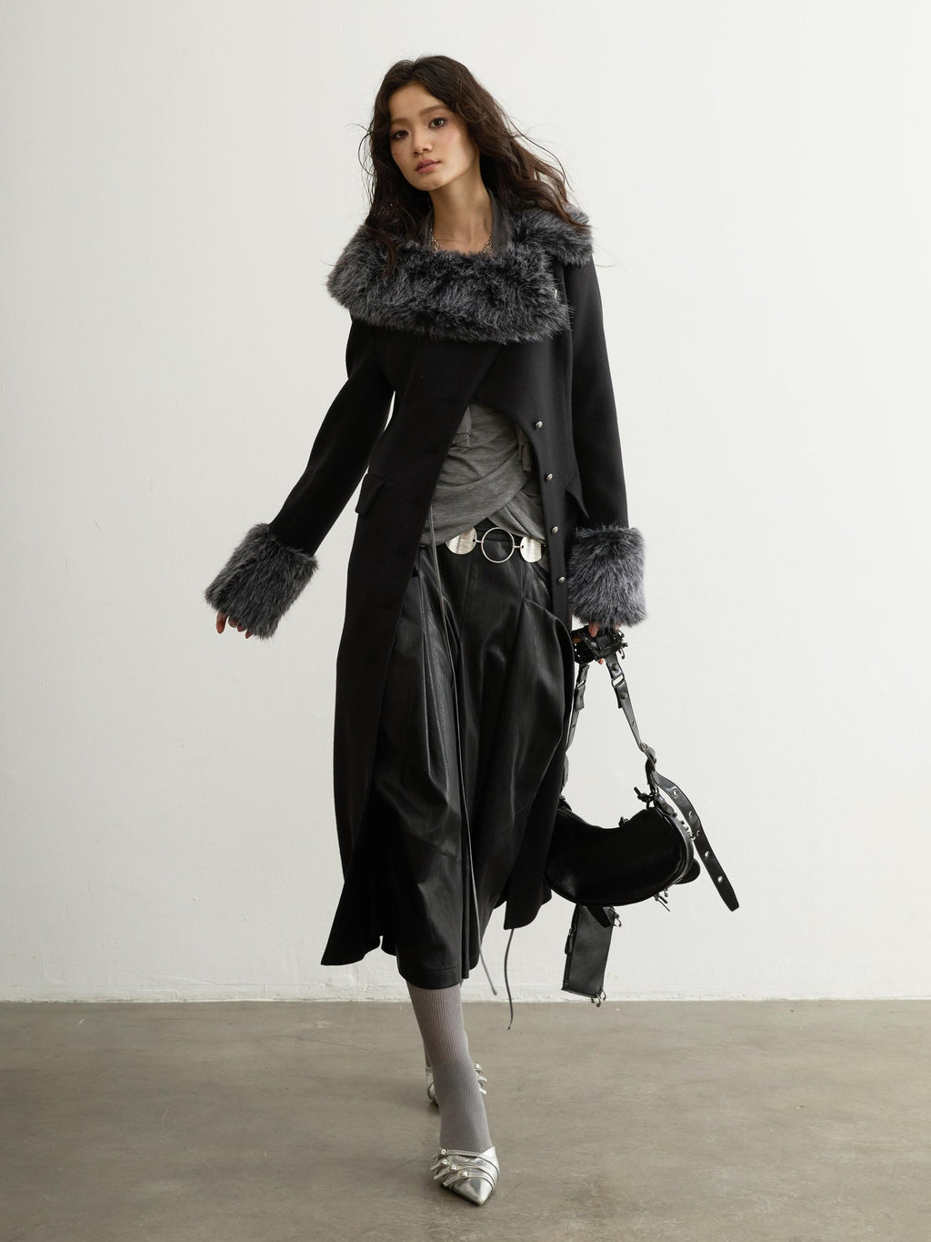Jnylon studios Fur Trim Asymmetric Button Wool Blend Women's Long Coats