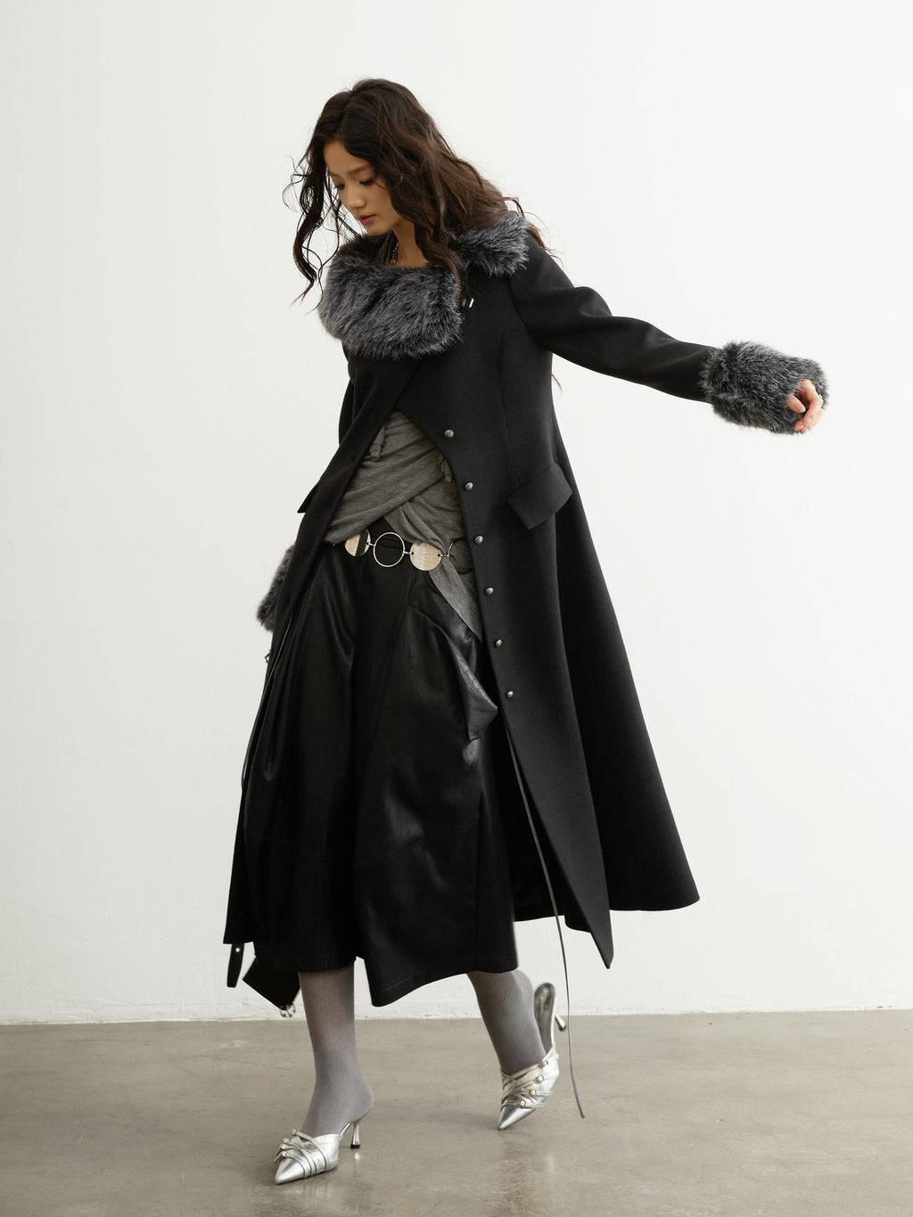 Jnylon studios Fur Trim Asymmetric Button Wool Blend Women's Long Coats