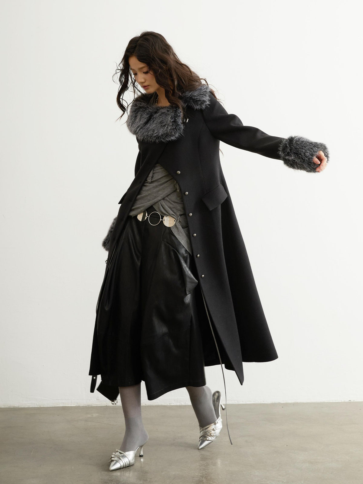 Jnylon studios Fur Trim Asymmetric Button Wool Blend Women's Long Coats