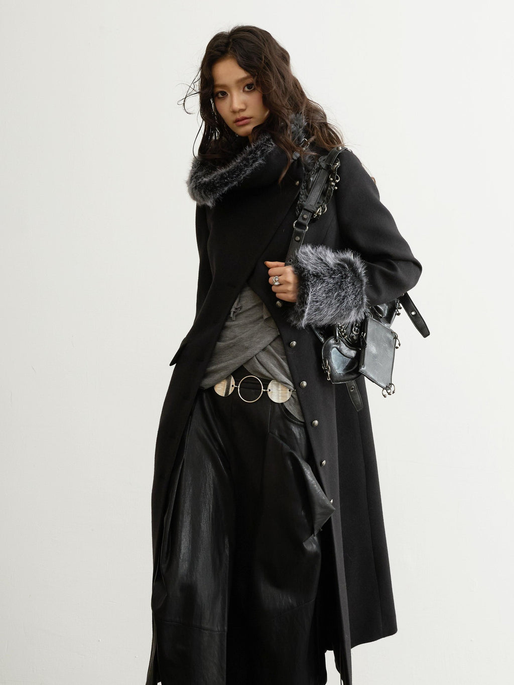Jnylon studios Fur Trim Asymmetric Button Wool Blend Women's Long Coats