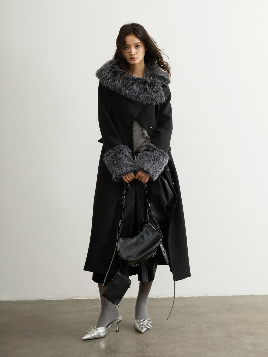 Jnylon studios Fur Trim Asymmetric Button Wool Blend Women's Long Coats