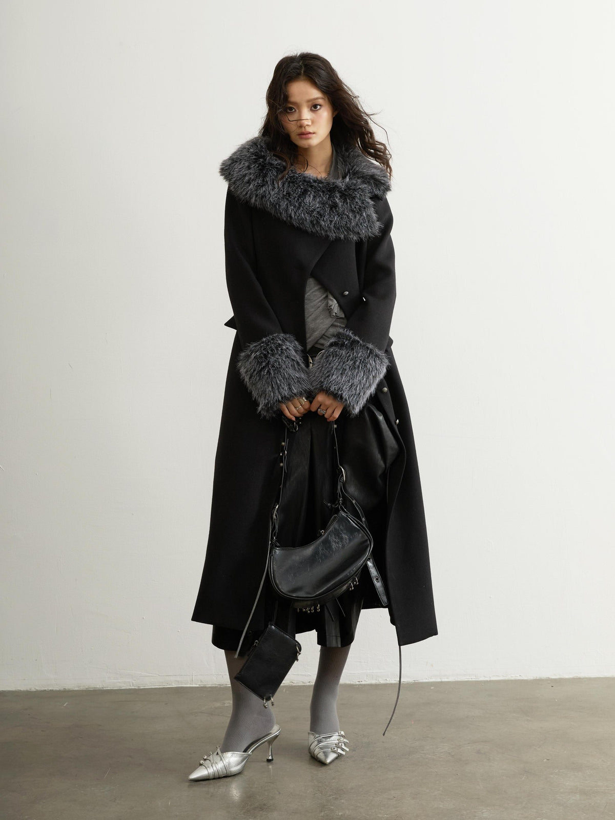 Jnylon studios Fur Trim Asymmetric Button Wool Blend Women's Long Coats