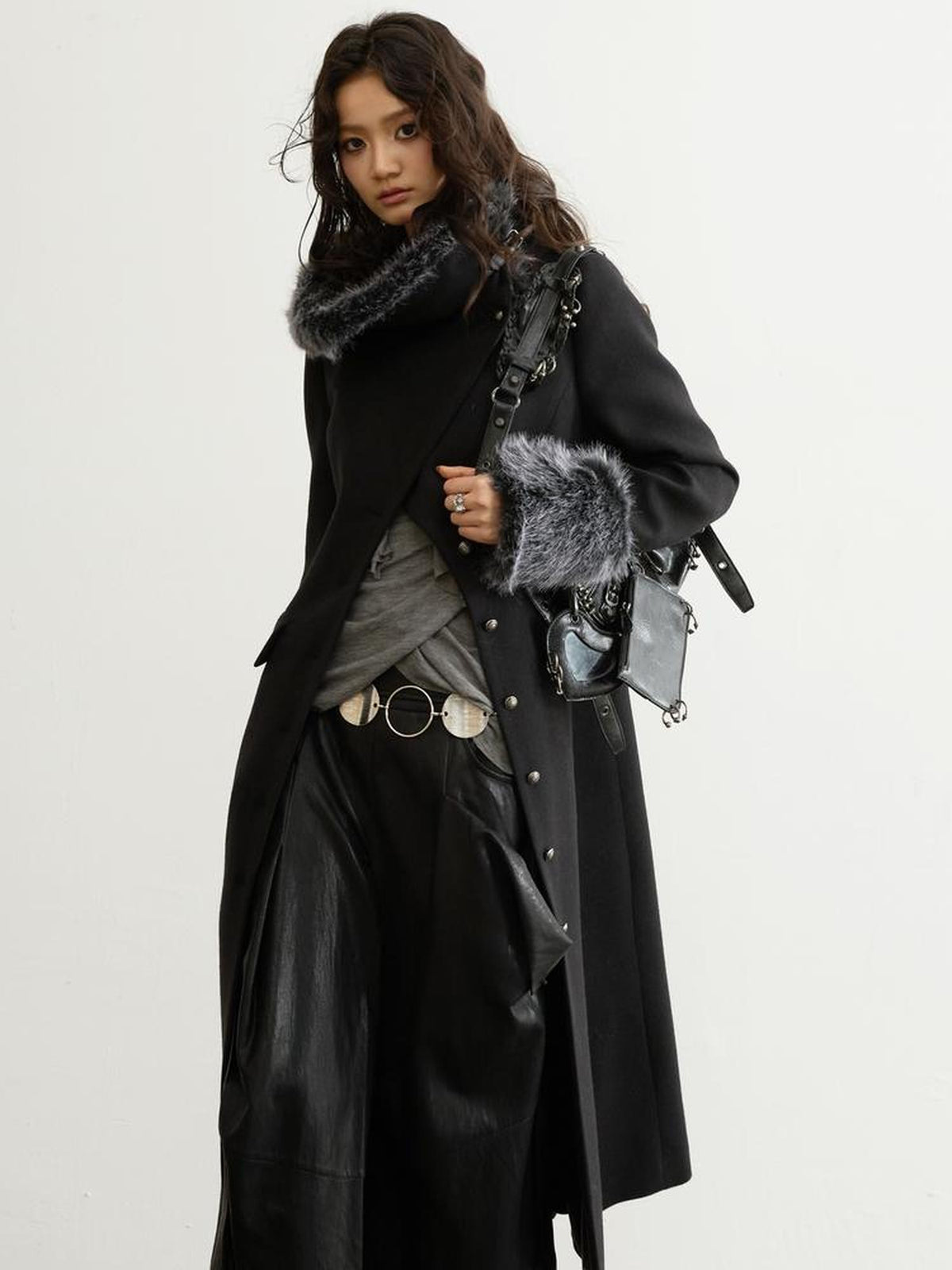 Jnylon studios Fur Trim Asymmetric Button Wool Blend Women's Long Coats