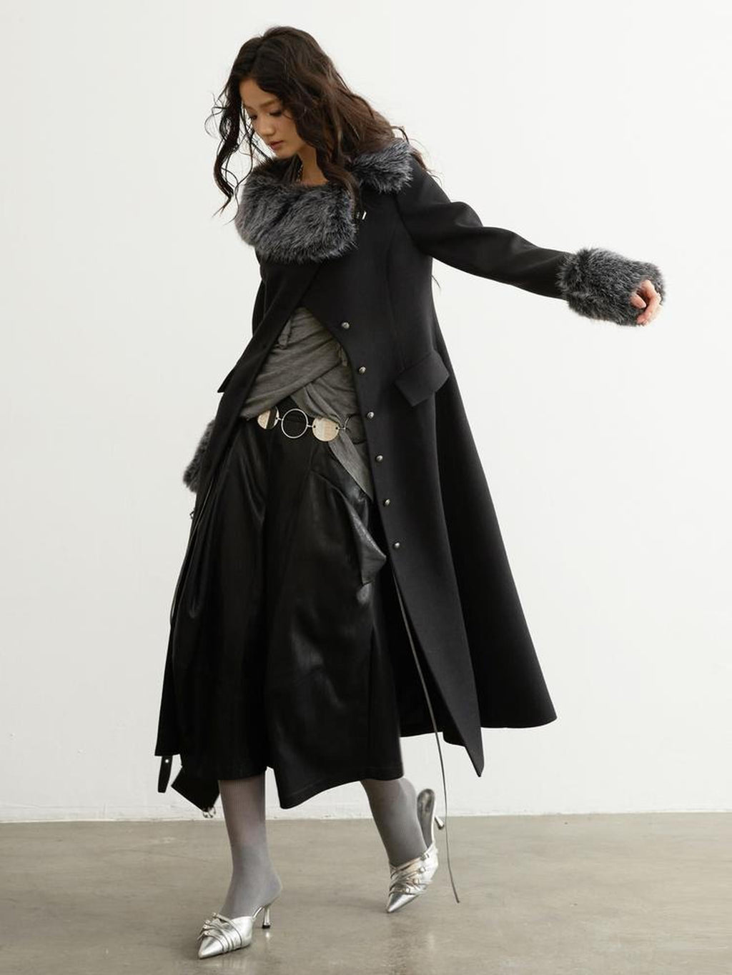 Jnylon studios Fur Trim Asymmetric Button Wool Blend Women's Long Coats