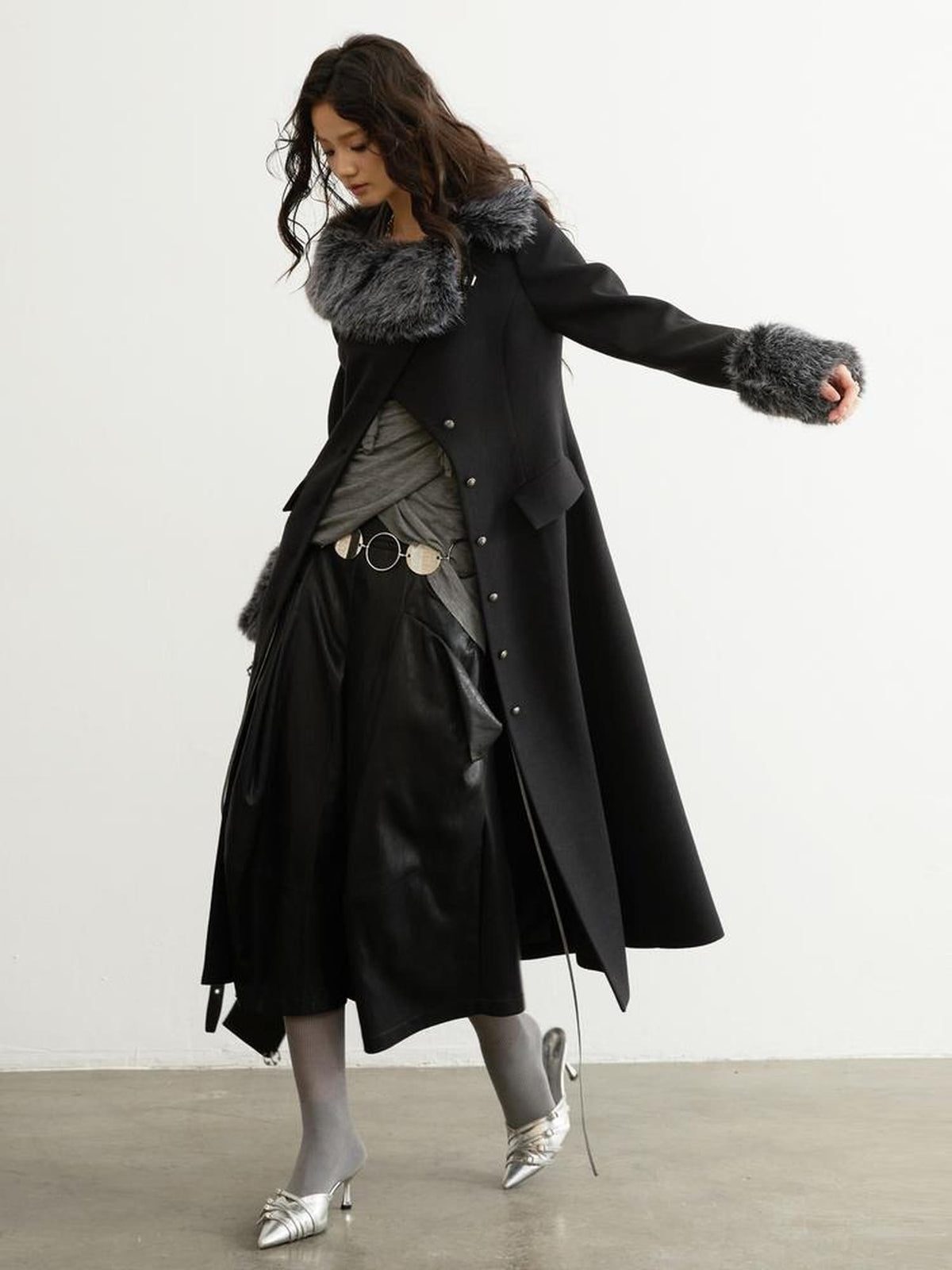 Jnylon studios Fur Trim Asymmetric Button Wool Blend Women's Long Coats
