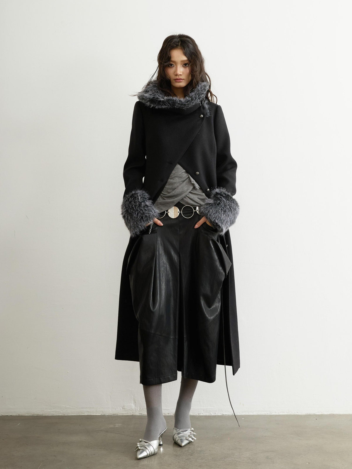Jnylon studios Fur Trim Asymmetric Button Wool Blend Women's Long Coats