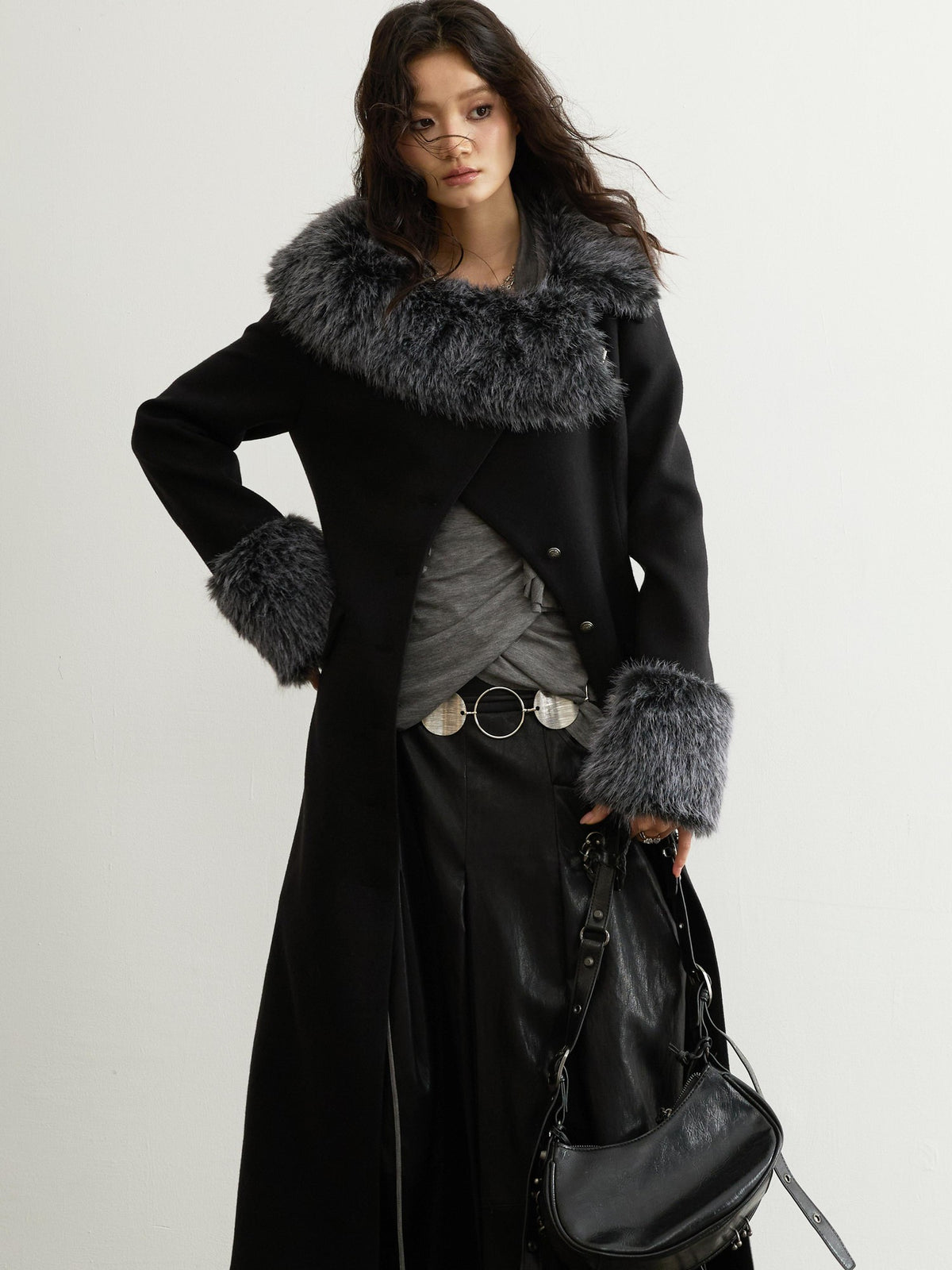 Jnylon studios Fur Trim Asymmetric Button Wool Blend Women's Long Coats