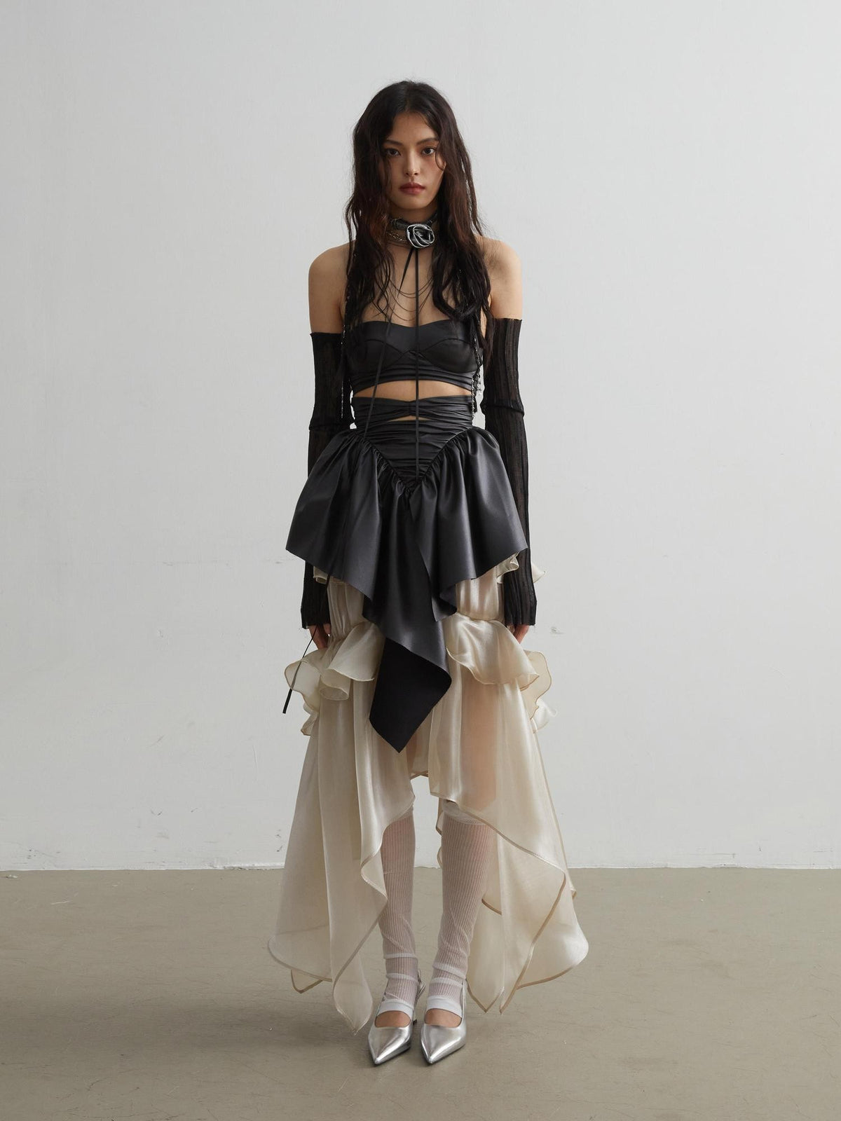 Jnylon studios Glossy Ruffled H Line Polyester Women's Maxi Skirts