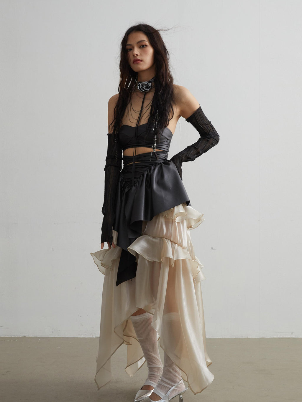 Jnylon studios Glossy Ruffled H Line Polyester Women's Maxi Skirts