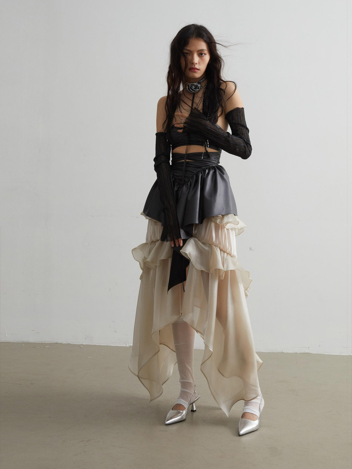 Jnylon studios Glossy Ruffled H Line Polyester Women's Maxi Skirts