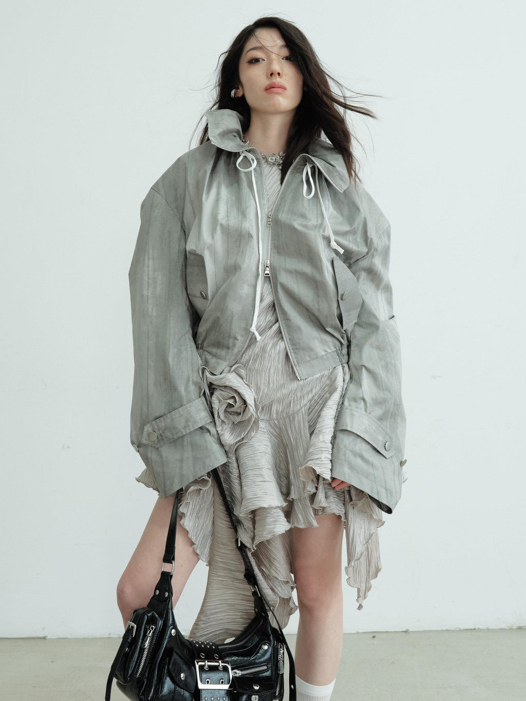 Jnylon studios Gray Barn Style Distressed Print Women's Lightweight Cropped Jackets