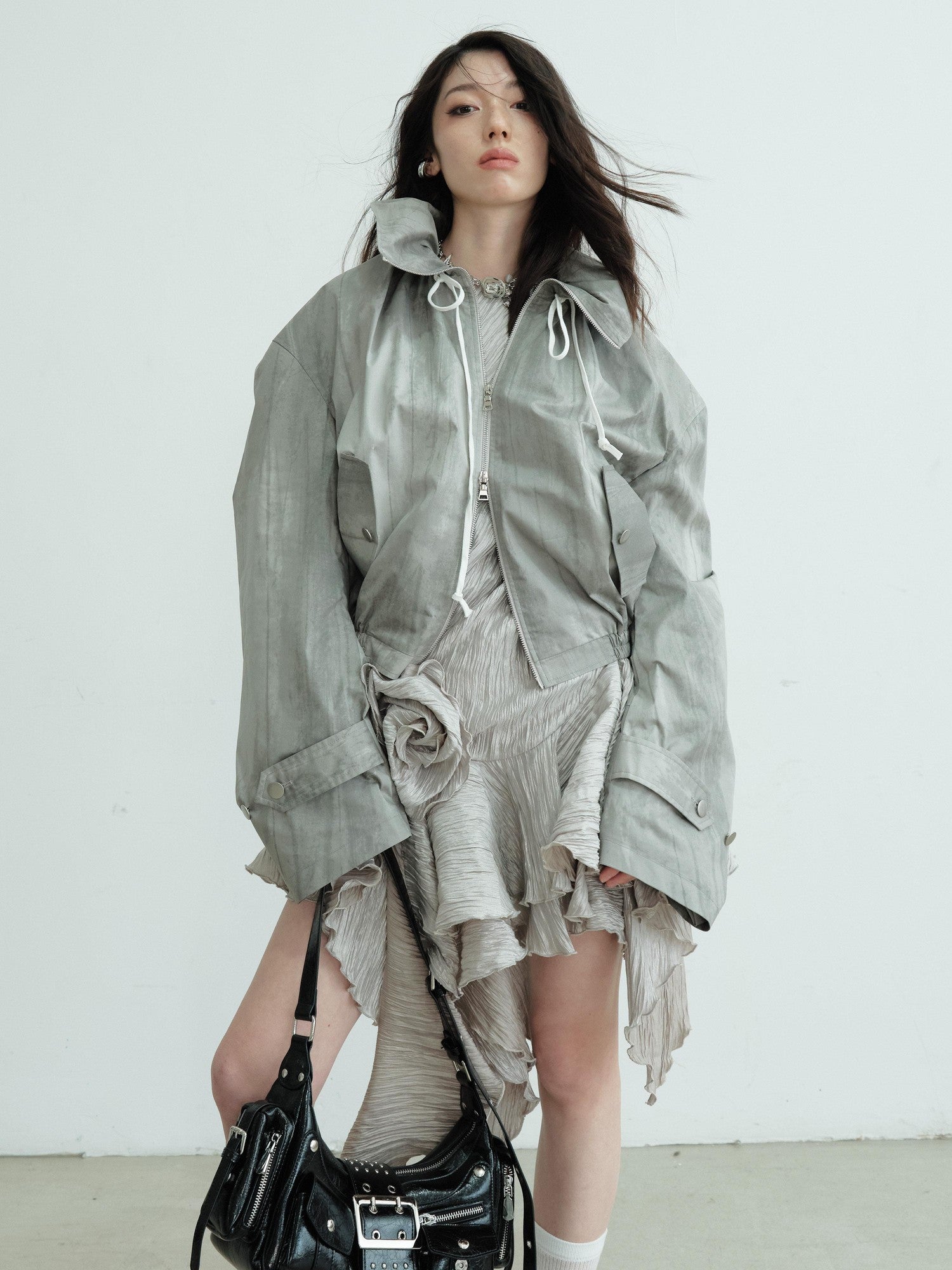 Jnylon studios Gray Barn Style Distressed Print Women's Lightweight Cropped Jackets