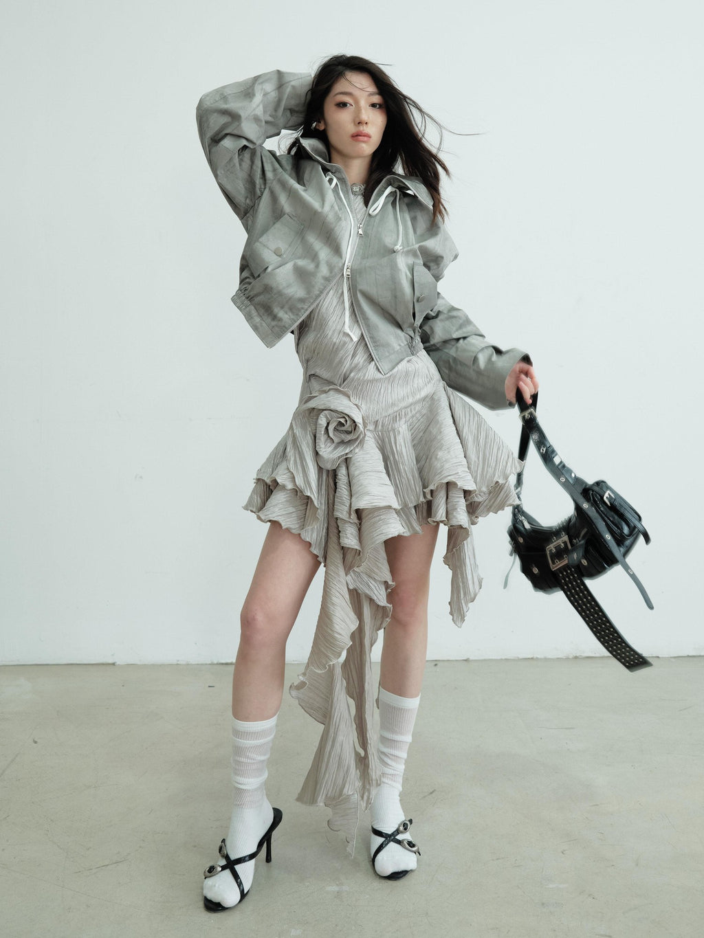 Jnylon studios Gray Barn Style Distressed Print Women's Lightweight Cropped Jackets
