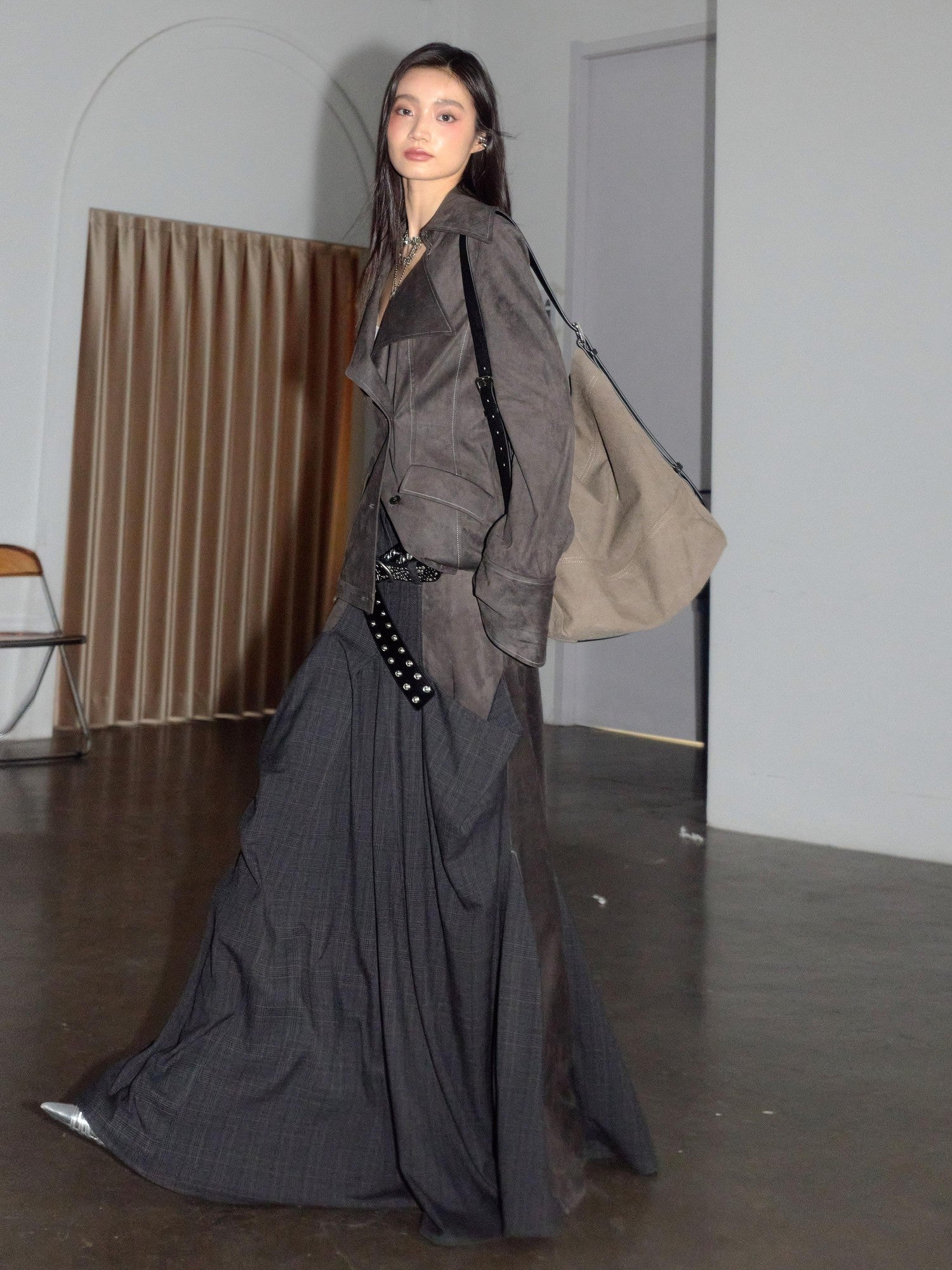 Jnylon studios Gray Contrast Spliced Pleated Pocket Women's Polyester Maxi Skirts