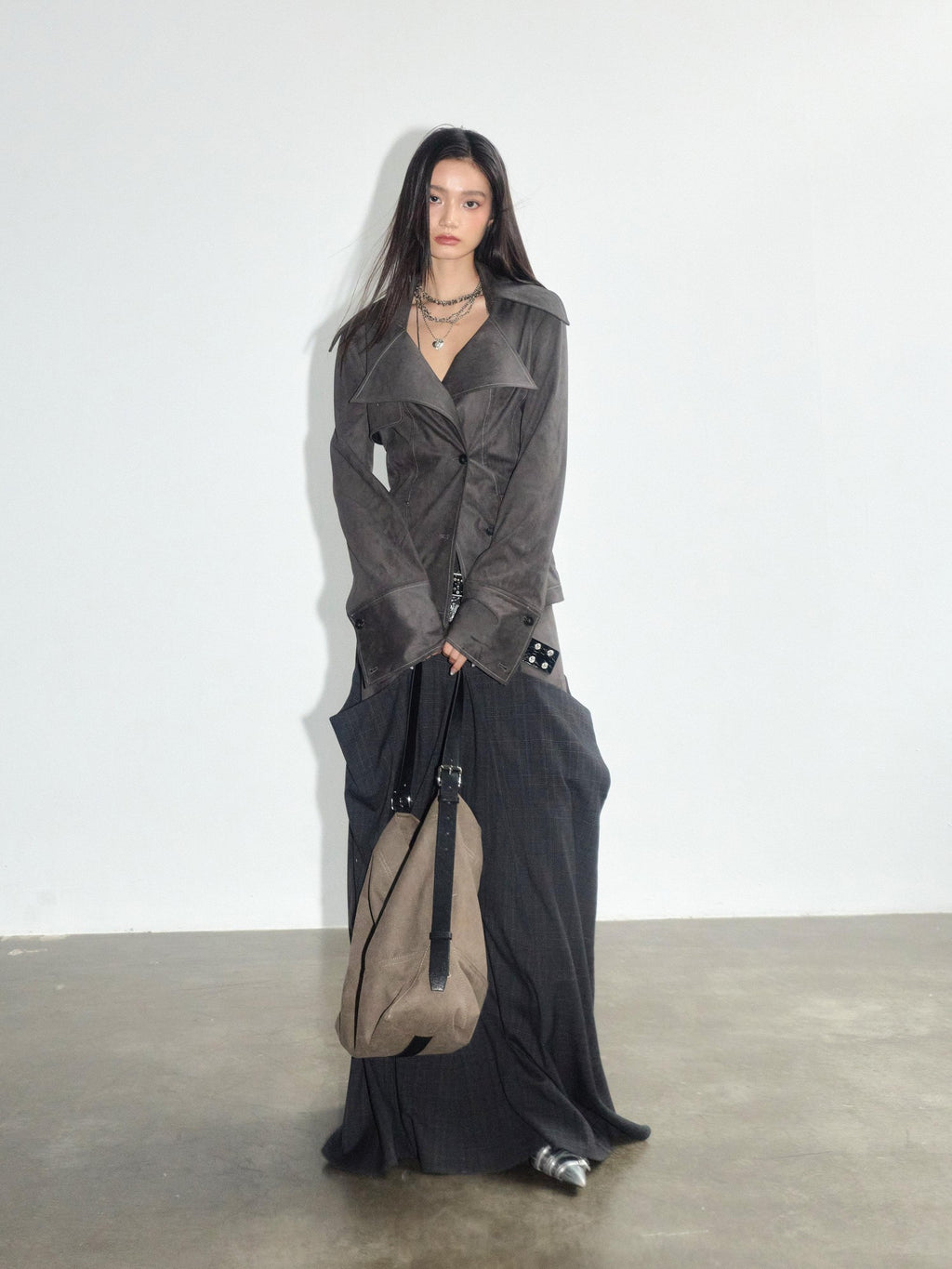 Jnylon studios Gray Contrast Spliced Pleated Pocket Women's Polyester Maxi Skirts