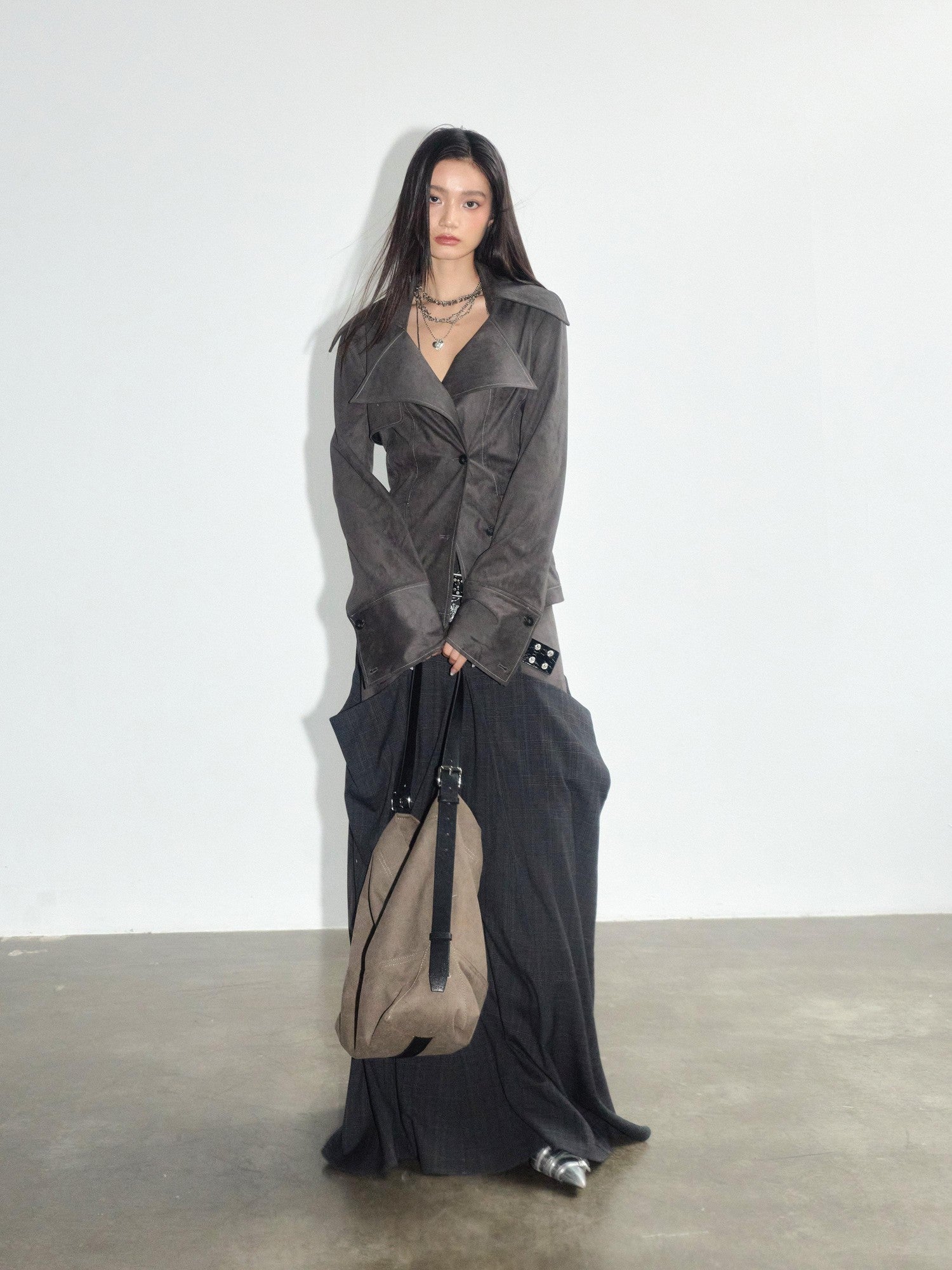 Jnylon studios Gray Contrast Spliced Pleated Pocket Women's Polyester Maxi Skirts