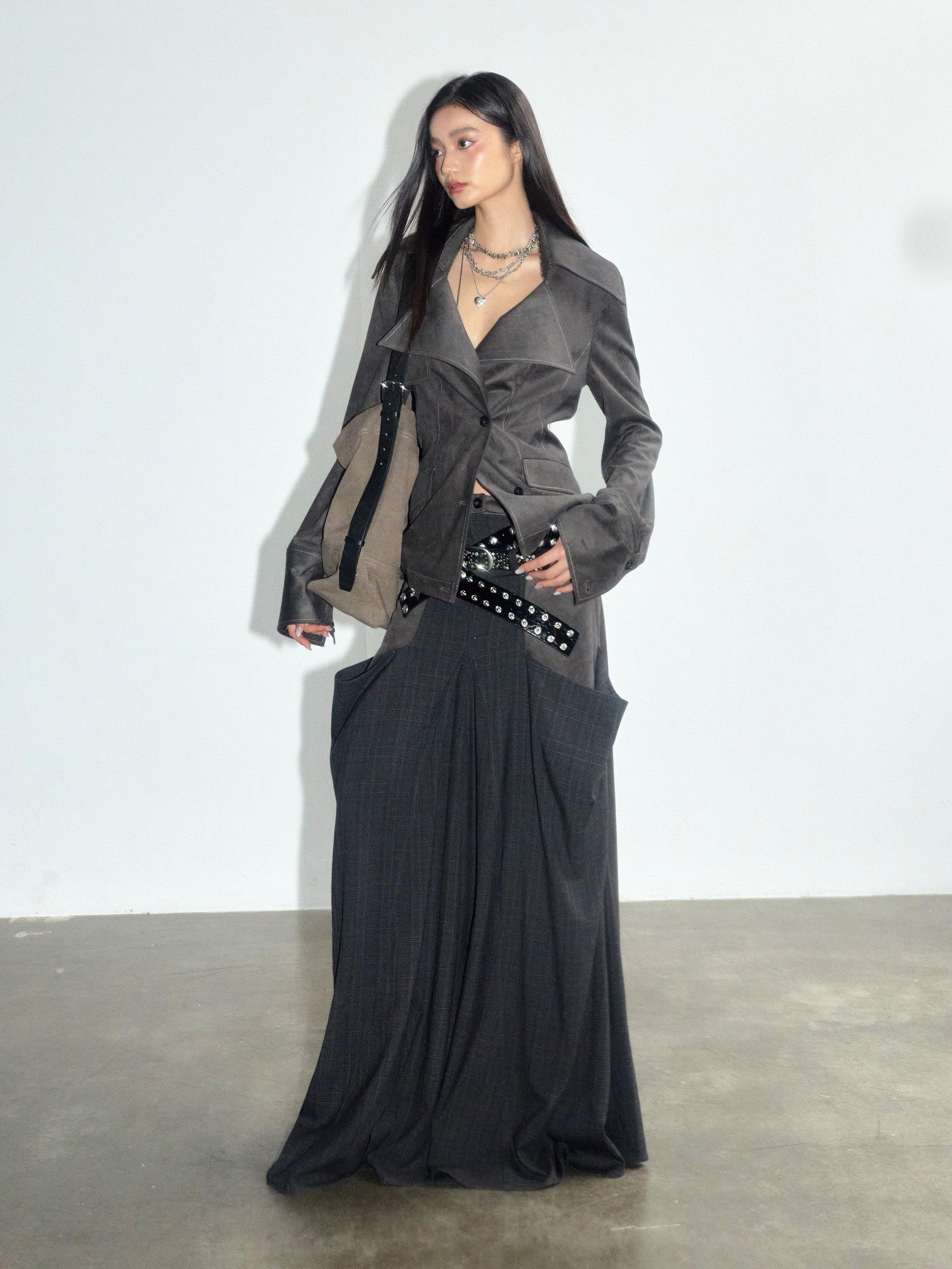 Jnylon studios Gray Contrast Spliced Pleated Pocket Women's Polyester Maxi Skirts