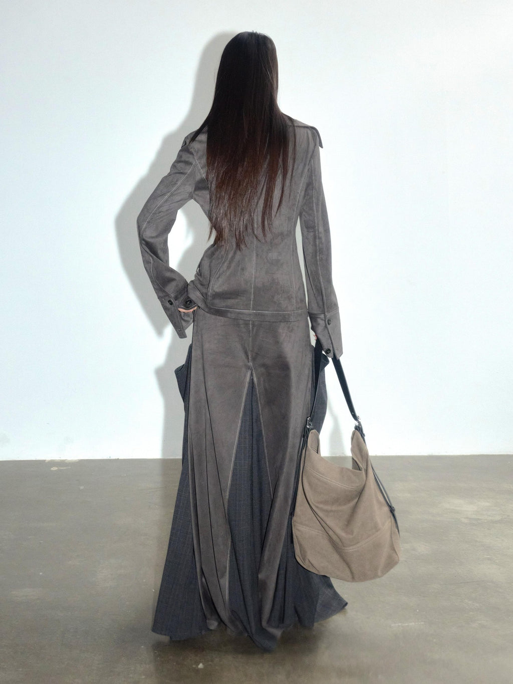 Jnylon studios Gray Contrast Spliced Pleated Pocket Women's Polyester Maxi Skirts