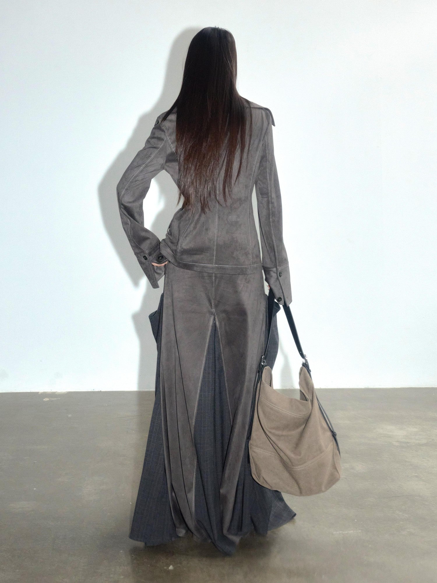 Jnylon studios Gray Contrast Spliced Pleated Pocket Women's Polyester Maxi Skirts