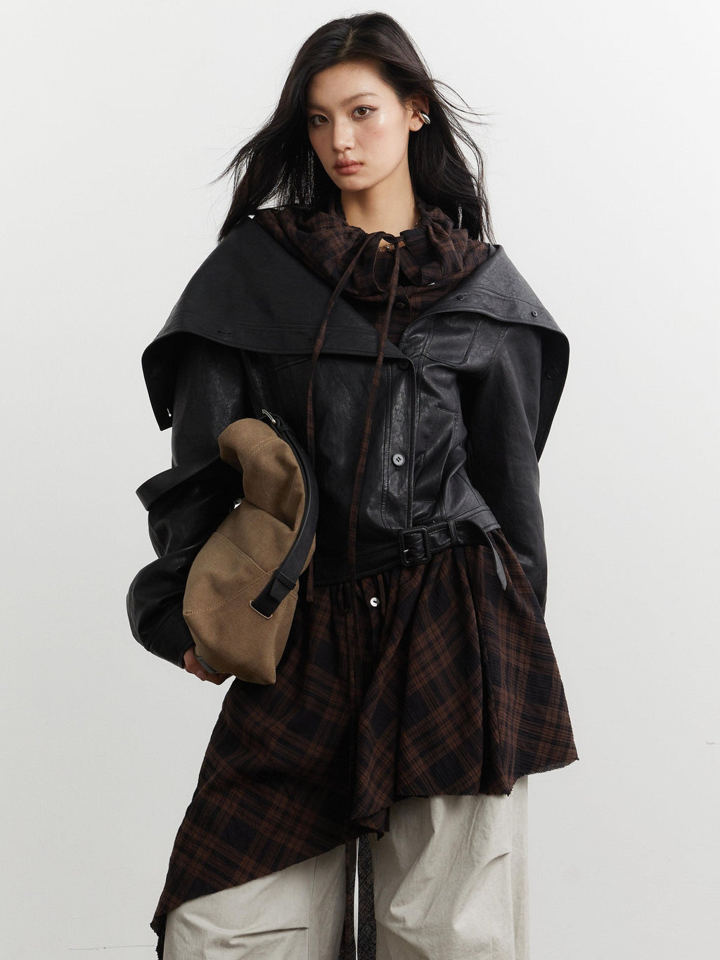 Jnylon studios Grid Apron Splice Two Piece Women's Pu Short Waist Buttoned Leather Jackets