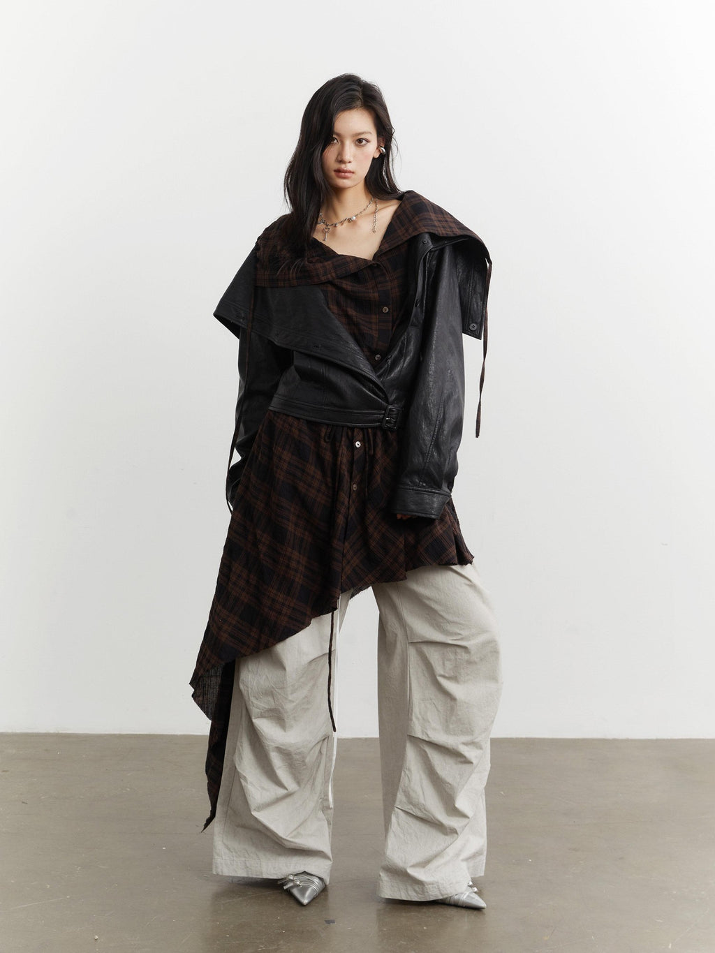 Jnylon studios Grid Apron Splice Two Piece Women's Pu Short Waist Buttoned Leather Jackets