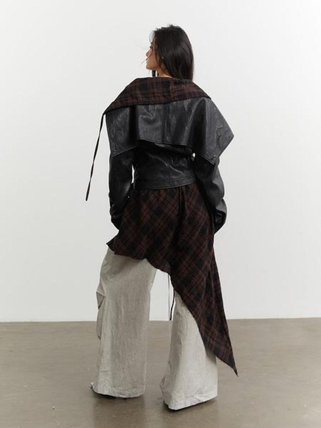 Jnylon studios Grid Apron Splice Two Piece Women's Pu Short Waist Buttoned Leather Jackets