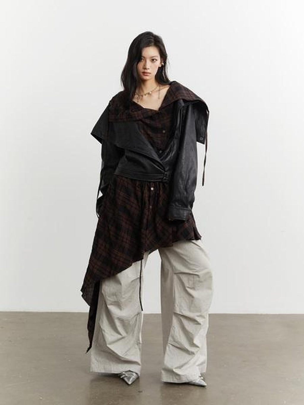 Jnylon studios Grid Apron Splice Two Piece Women's Pu Short Waist Buttoned Leather Jackets