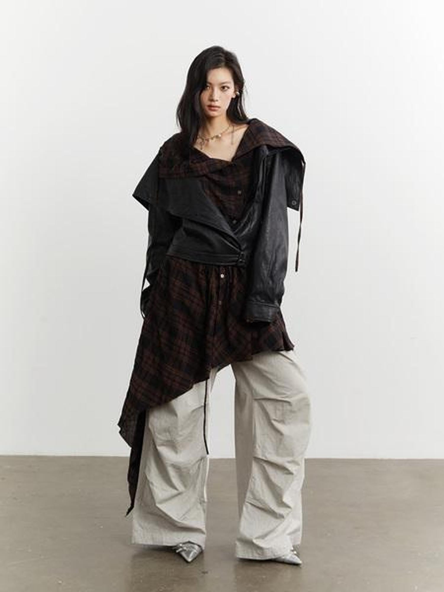 Jnylon studios Grid Apron Splice Two Piece Women's Pu Short Waist Buttoned Leather Jackets