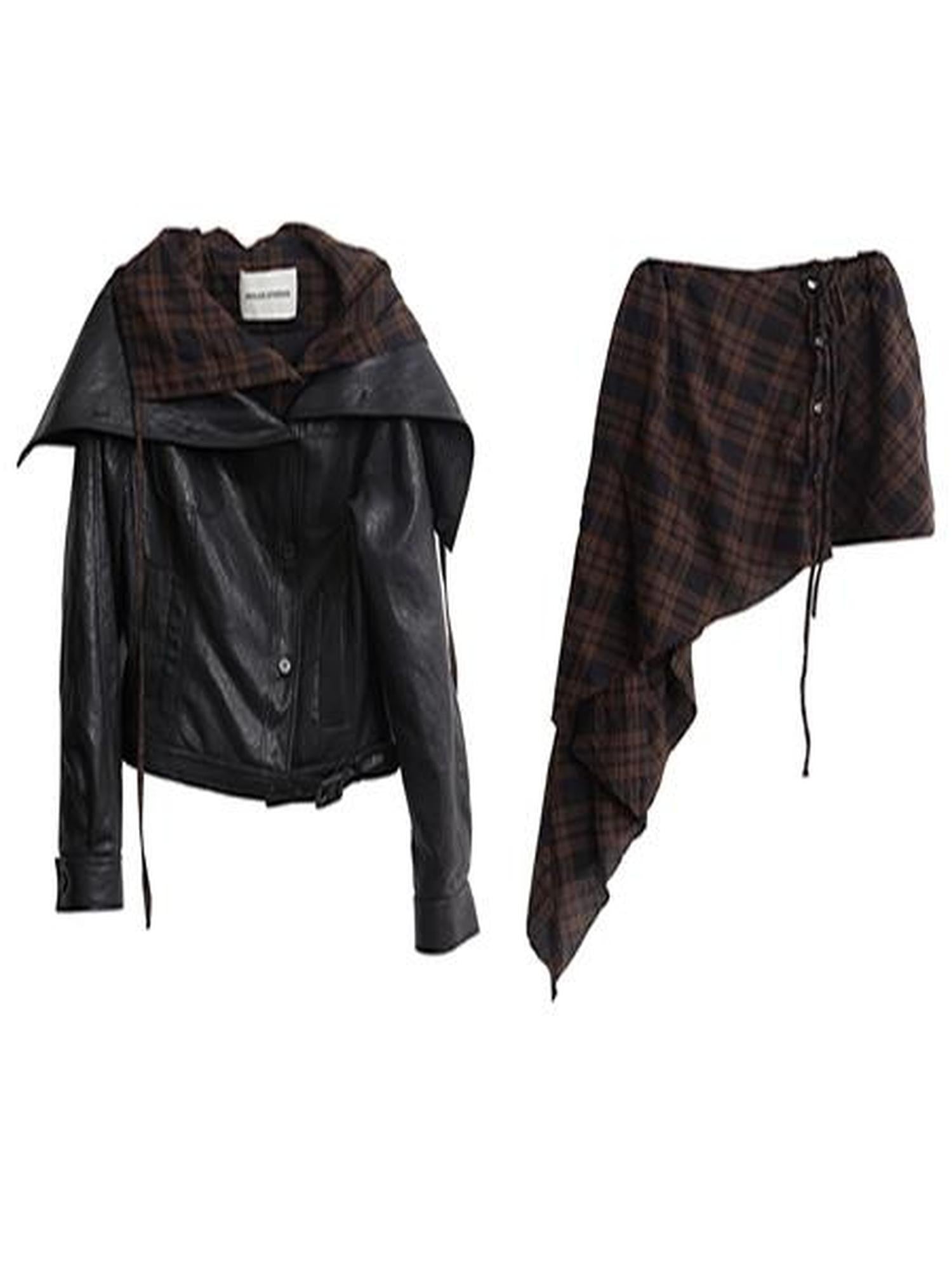 Jnylon studios Grid Apron Splice Two Piece Women's Pu Short Waist Buttoned Leather Jackets
