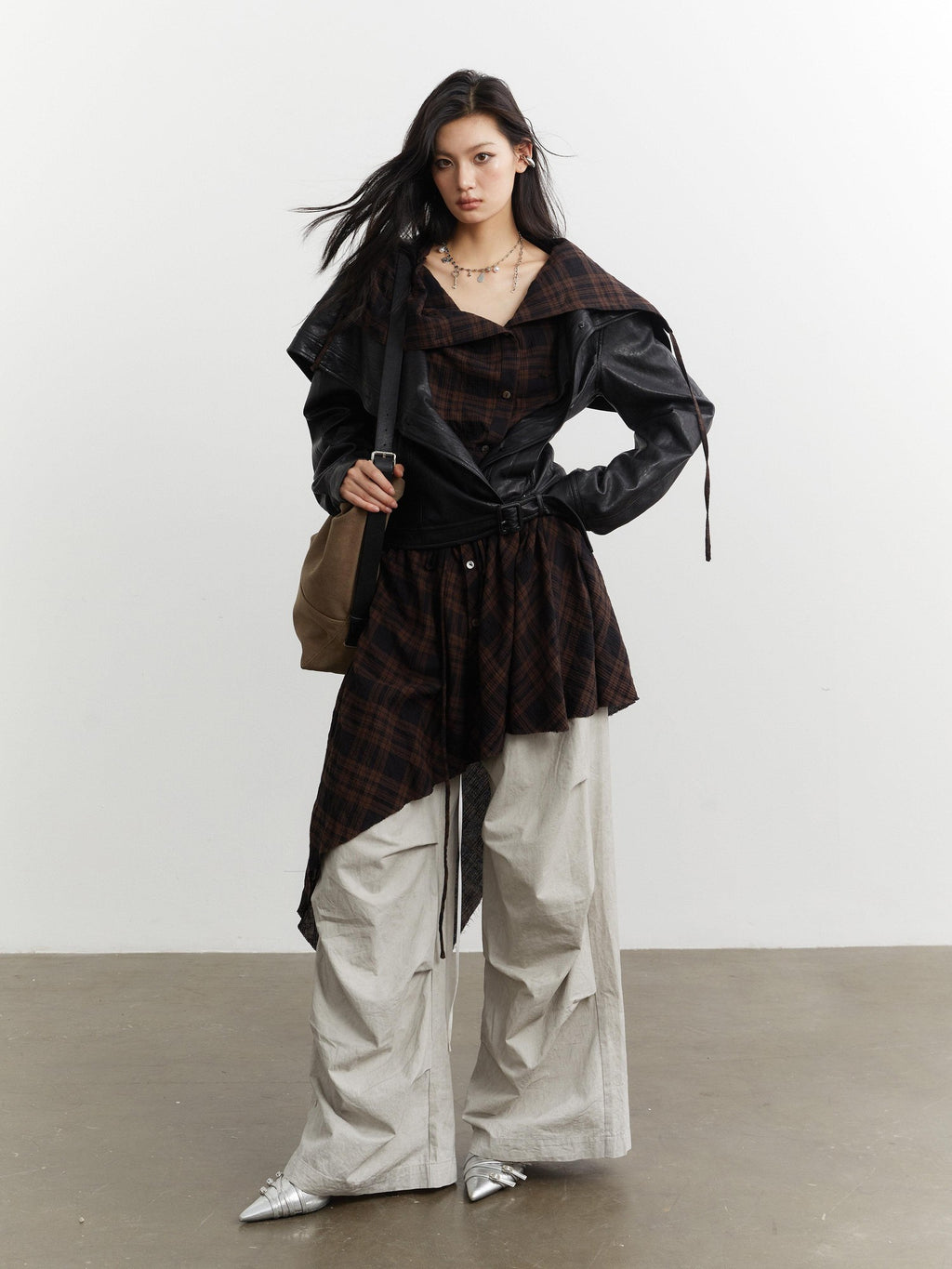 Jnylon studios Grid Apron Splice Two Piece Women's Pu Short Waist Buttoned Leather Jackets
