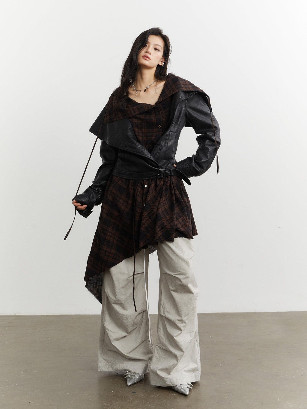 Jnylon studios Grid Apron Splice Two Piece Women's Pu Short Waist Buttoned Leather Jackets
