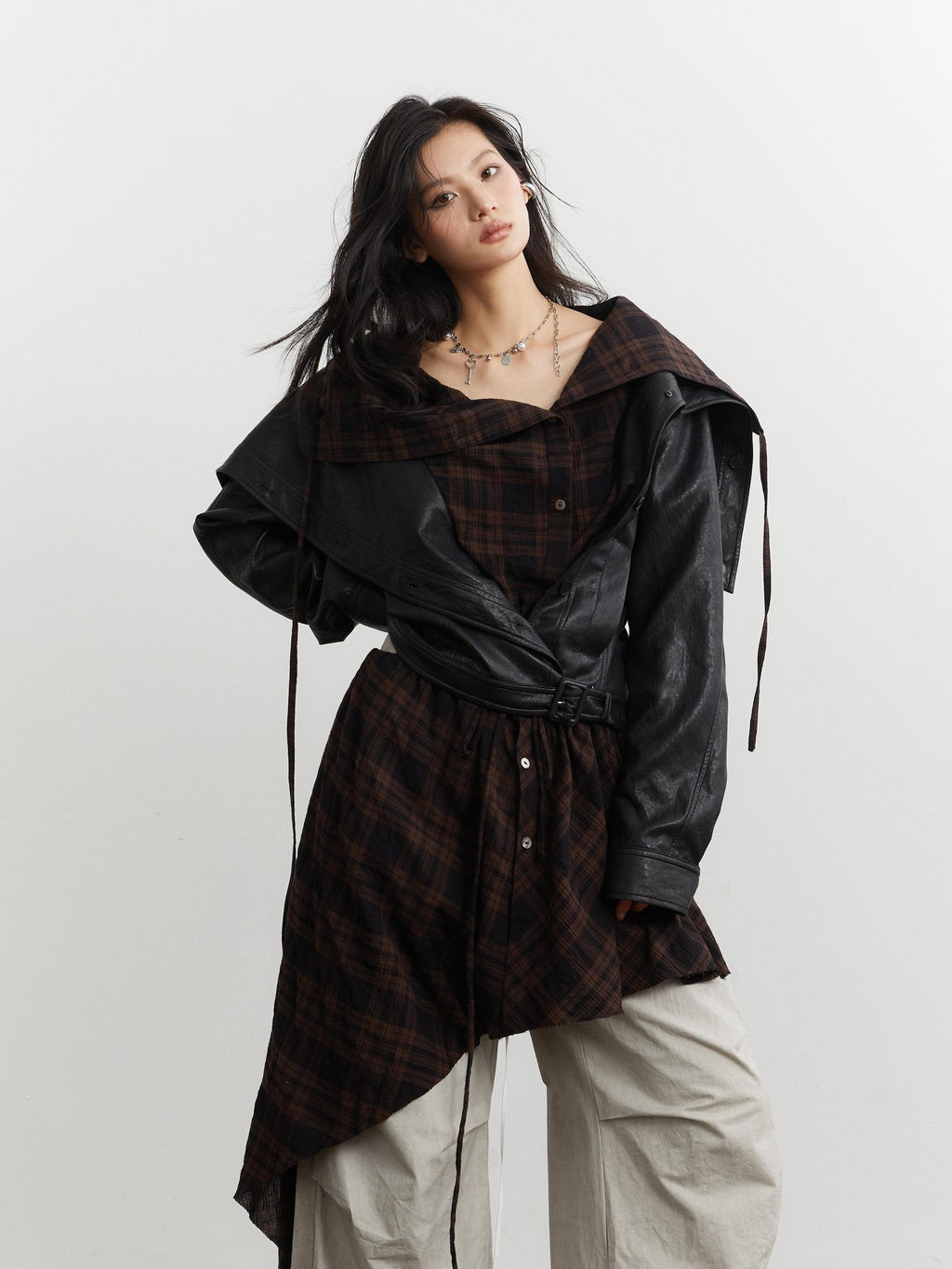 Jnylon studios Grid Apron Splice Two Piece Women's Pu Short Waist Buttoned Leather Jackets